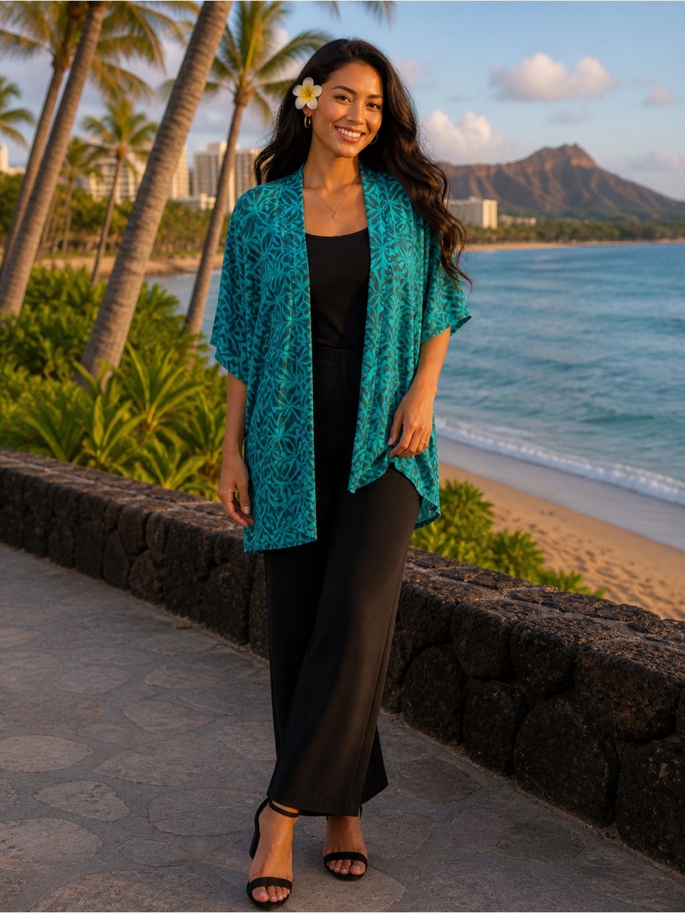 Tanoa Teal Geometric Open-Front Women's Kimomo Top